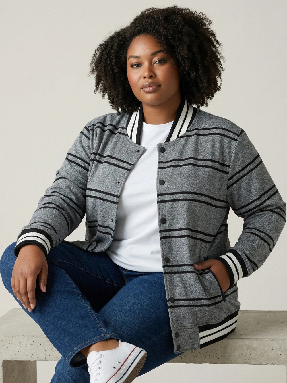 Brooklyn Cloth Gray Striped Varsity Jacket with Black Trim